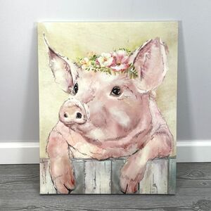 Farmhouse Pig Canvas Wall Art Wearing Floral Crown Country Rustic Painting Decor